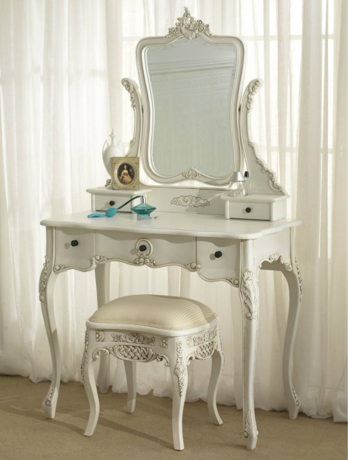 furniture-inspiration-perfect-teak-white-finished-dressing-table-with-5-storage-drawers-and-single-mirror-feat-white-seat-stool-added-white-curtain-for-wide-windowed-in-white-romantic-bedroom-furniit