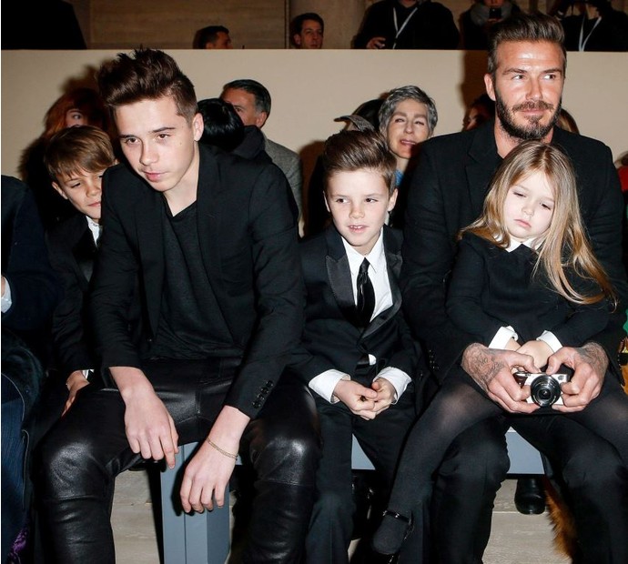 Mandatory Credit: Photo by PIXELFORMULA/SIPA/REX (4433042d) Brooklyn Beckham, Romeo Beckham, Harper Beckham, David beckham and Anna Wintour Victoria Beckham show, Autumn Winter 2015, Mercedes-Benz Fashion Week, New York, America - 15 Feb 2015